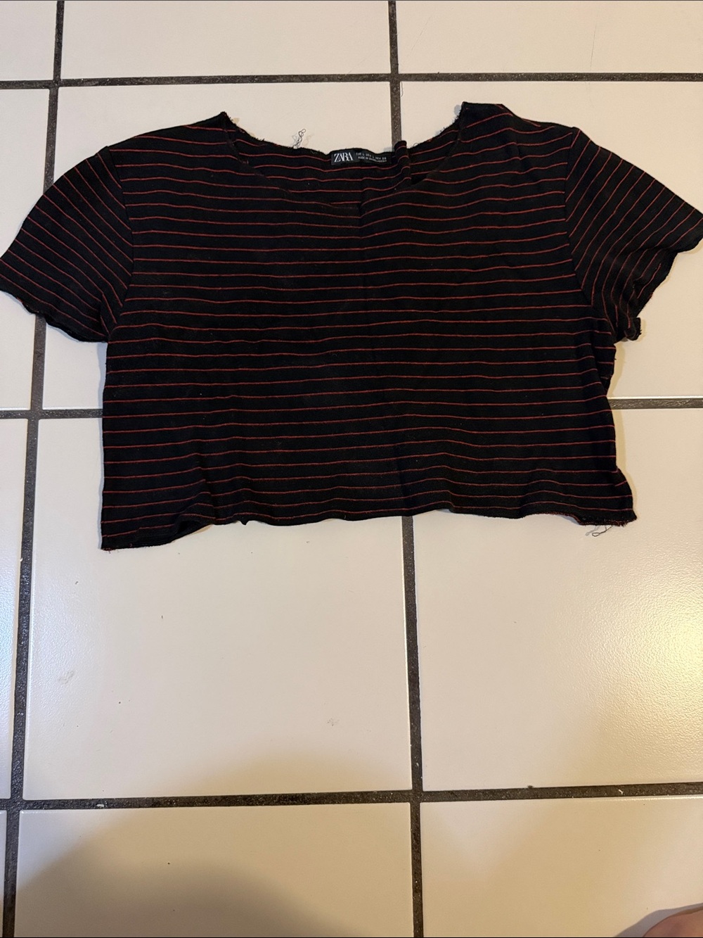 Zara Black Cropped Tee with Thin Red Stripes